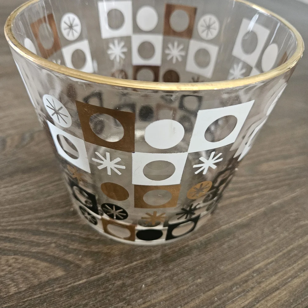 Vintage Atomic Glass Ice Bucket with Gold, Black and White Design